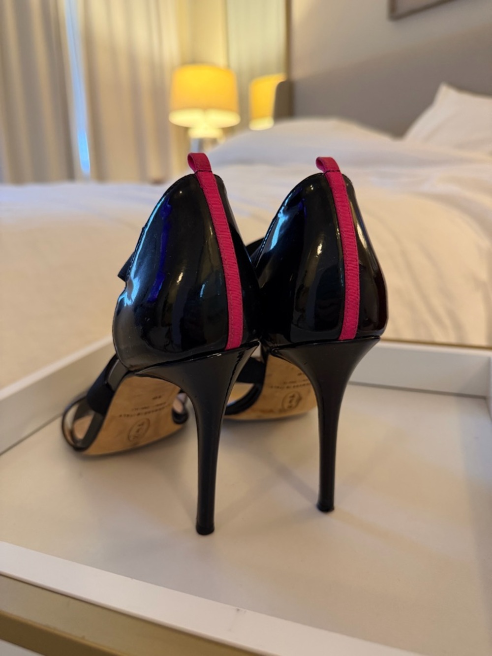 SJP Sarah Jessica Parker Black Patent High Heel Sandals with Elastic Ankle Strap